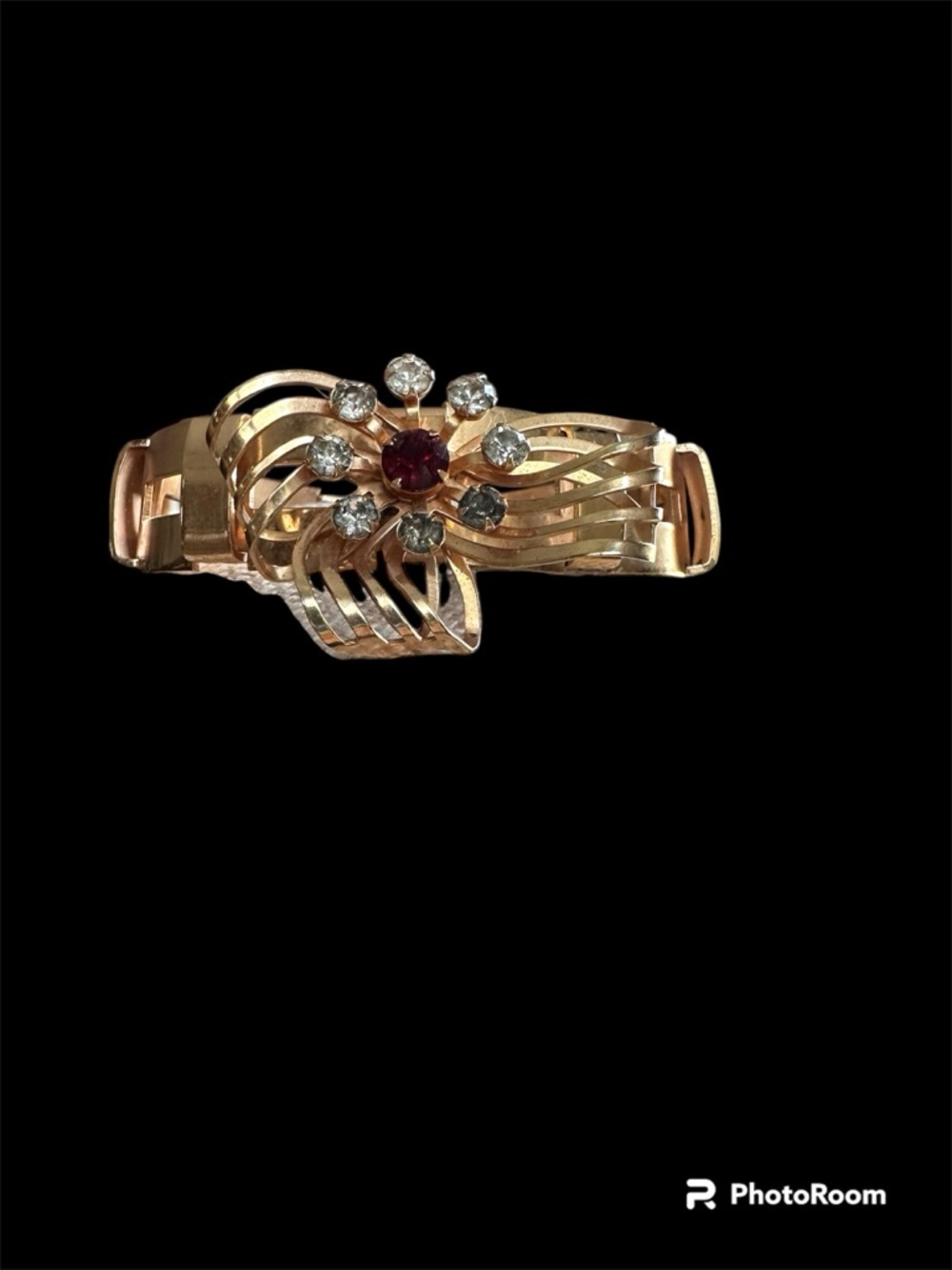 1950’s Vintage Gold Floral Crystal Bracelet with Red Center Stone